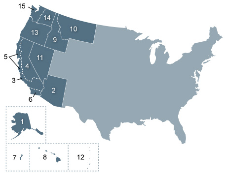 Map showing the states and courts in the Ninth Circuit