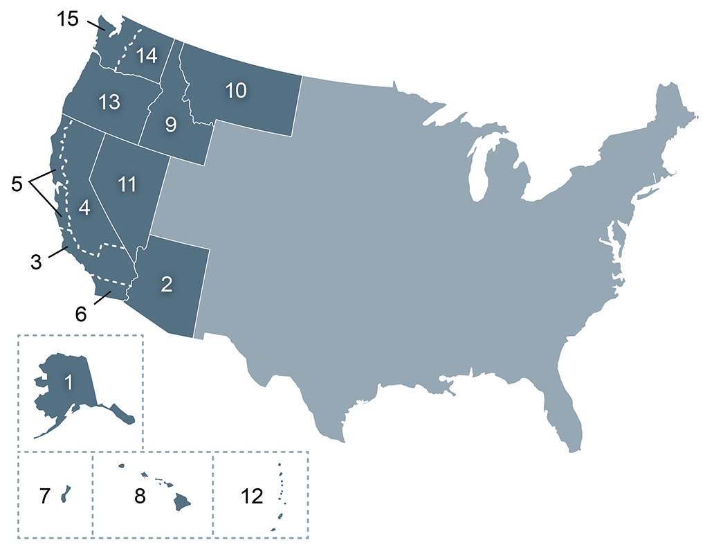 Map showing the states and courts in the Ninth Circuit